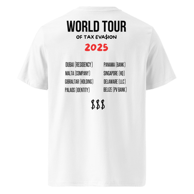 T-shirt World Tour of Tax Evasion blanc dos – mode entrepreneuriale – Emoney Vibe

