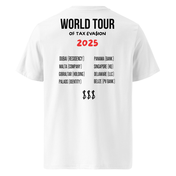 T-shirt World Tour of Tax Evasion blanc dos – mode entrepreneuriale – Emoney Vibe
